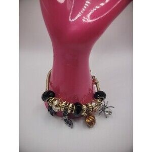 Vintage Bracelet Halloween Silver Tone Black Cat Pumpkin Charm Spider Jewelry